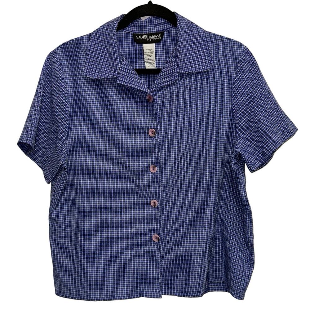 Sag Harbor Petite Medium Blue Check Button Front Blouse Vintage